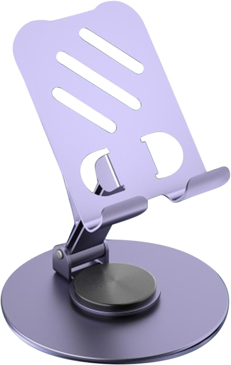 KM TECHNOLOGY Cellphone Stands Holders Desktop Metal 360 Rotatable Height Adjustable Foldable Cell Phone Stand for Recording Charger Compatible with iPhone, Samsung and More (Purple)