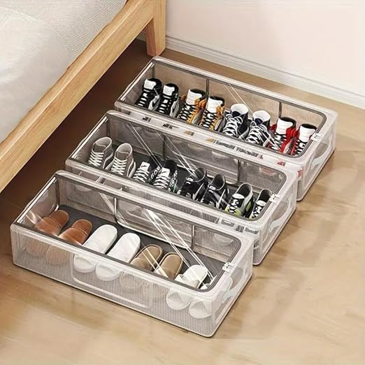 Parssufy Shoe Storage Box, Shoe Organizer for Closet, Clear Plastic Stackable Shoe Boxes, Space Saving Foldable Sneaker Shoe Rack Containers Bin Holder (1)