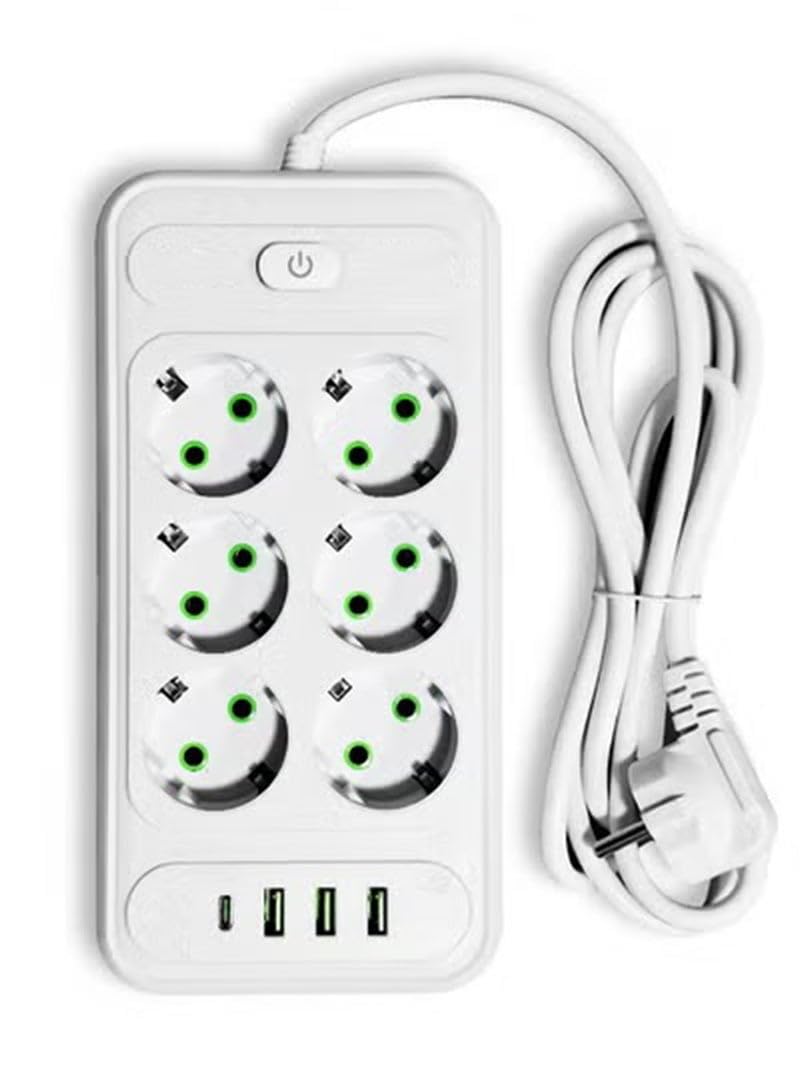 Electric Power Outlets Sockets T206, Multi Power Strip Surge Protector With 6 Outlets 2500W, Fast Charging Power Plug Extension Socket with 3 USB Port and 1 Type-C - White