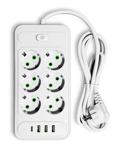 Electric Power Outlets Sockets T206, Multi Power Strip Surge Protector With 6 Outlets 2500W, Fast Charging Power Plug Extension Socket with 3 USB Port and 1 Type-C - White
