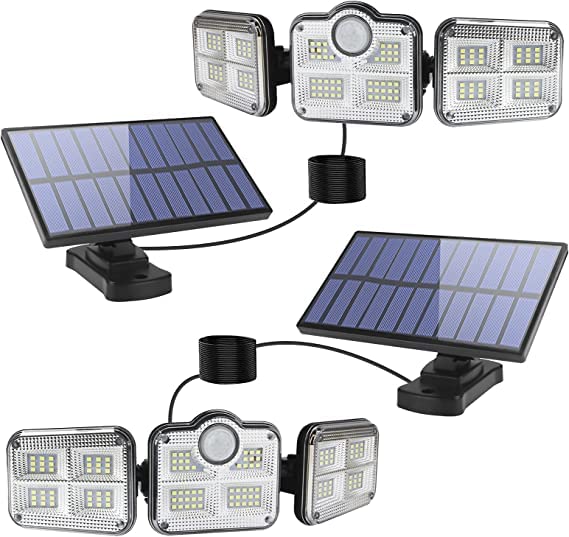 Solar LED Lights Indoor/Outdoor with Motion Sensor and 3 Adjustable Heads, 270 Degree Wide Angle Wall Light: IP65 Safety Protection with Remote Control and 16.5" Cables