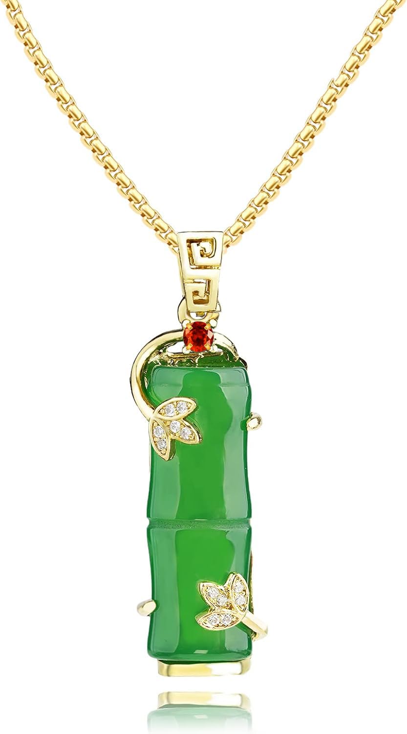 Julia Store 18K Gold Plated Stainless Steel Haitian Jade Gourd Bamboo Maitreya Buddha Elephant Guanyin Necklace Haitian Green Jade Pendant Female Retro Wind Necklace Jewelry