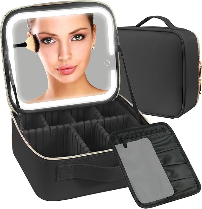 Makeup Organizer Bag With Led Touch Mirror Waterproof Travel Cosmetic Case With Compartments For Perfume Brushes Accessories Portable Lightweight Storage (black)