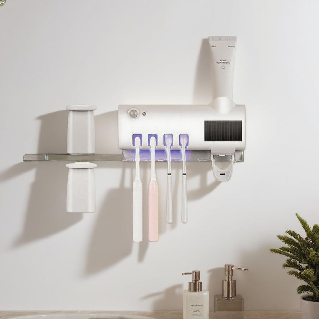 Toothbrush holder, UV toothbrush sterilizer, wall-mounted smart toothbrush holder dispenser, USB rechargeable and solar panel, self-adhesive bathroom organizer that doesn't require drilling
