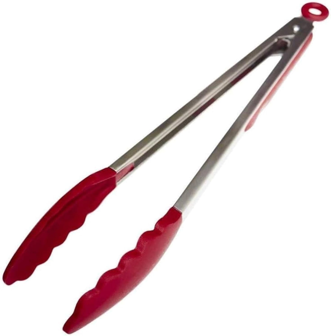 Downtown Professional Silicone BBQ Tongs with Stainless Steel Base, Red Heat-Resistant Grilling Turner, Long Locking Food Tongs for Safely Flipping Meat and Vegetables on Outdoor Grills