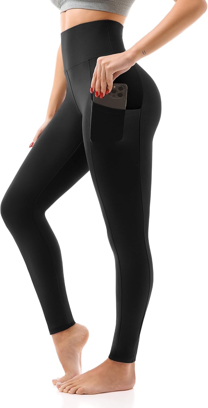 High Waist Athletic Leggings for Women, Microfibre Polyester Sports Pants with Phone Pocket