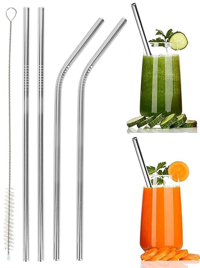 click2shop Reusable Stainless Steel Drinking Straw Set | 2 Straight & 2 Bent Straws with Cleaning Brush | Metal Sipper for Smoothies, Juices, and Cold Drinks | Durable, BPA-Free, Dishwasher Safe