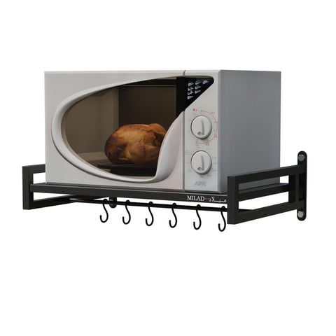 SAIFIX Metal Oven Stand Wall Mounted Microwave Pot Rack Oven OTG Grinder Air Fryer Stand with 4 Hook Utensil Organizer Storage Container (60 x 40 x15 H CM's, OS-10, Black)