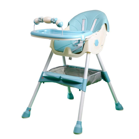 Adjustable Baby High Chair, Blue and White, Portable Feeding Seat with Safety Harness, Removable Tray, Storage Basket