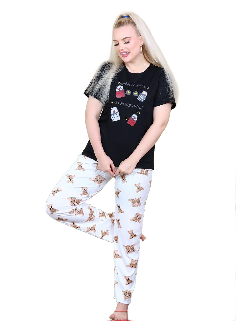 Women's Pajama Set "Cute Teddy Bear" - Pure Cotton Lycra T-Shirt & Rib Pants - Comfy for Plus Sizes (60-85KG)