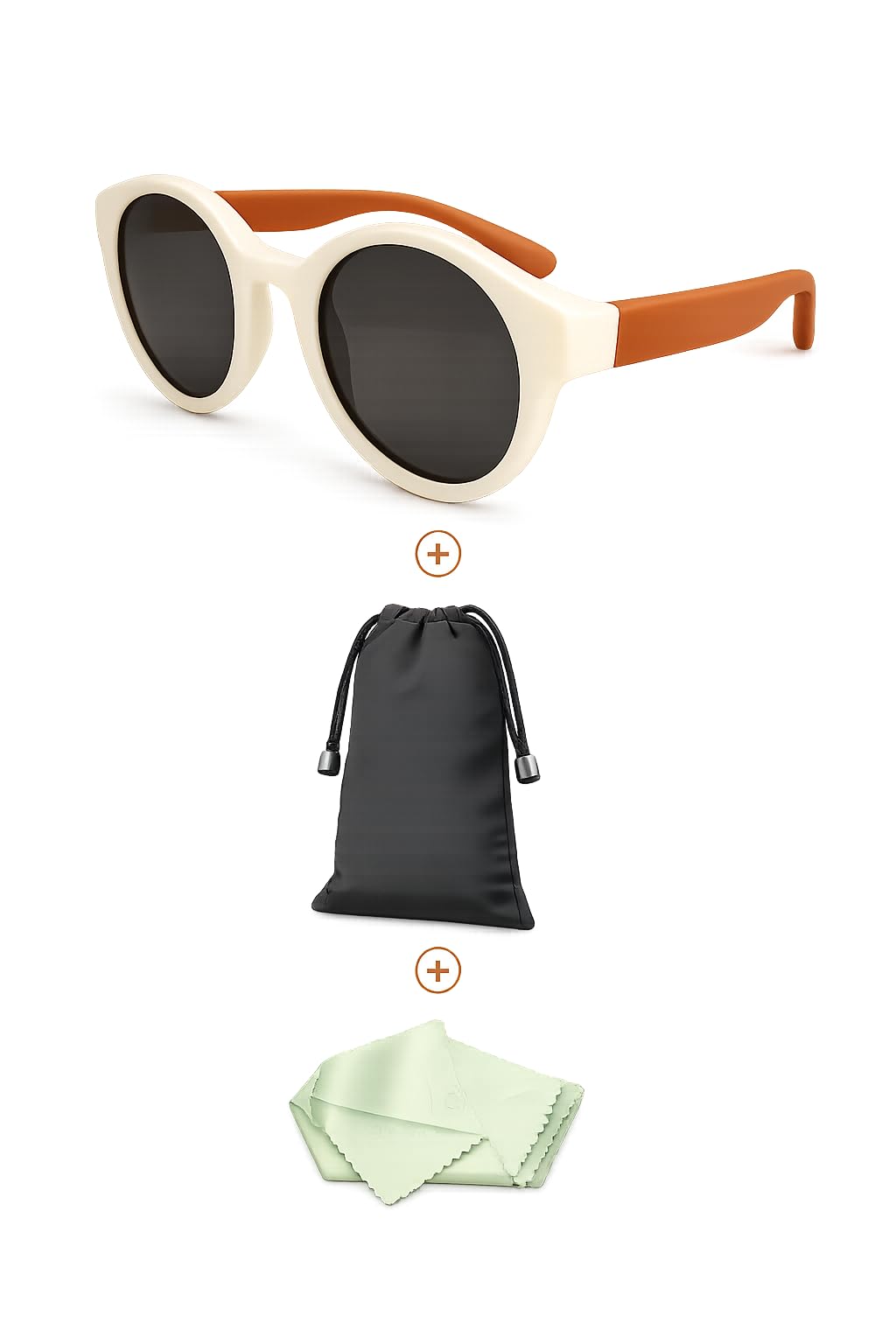 Children's sunglasses with a round design, case, and cleaning cloth. Safe and stylish, with durable, unbreakable arms. Suitable for everyday wear and the beach. Unisex For ages 2 to 6 years.