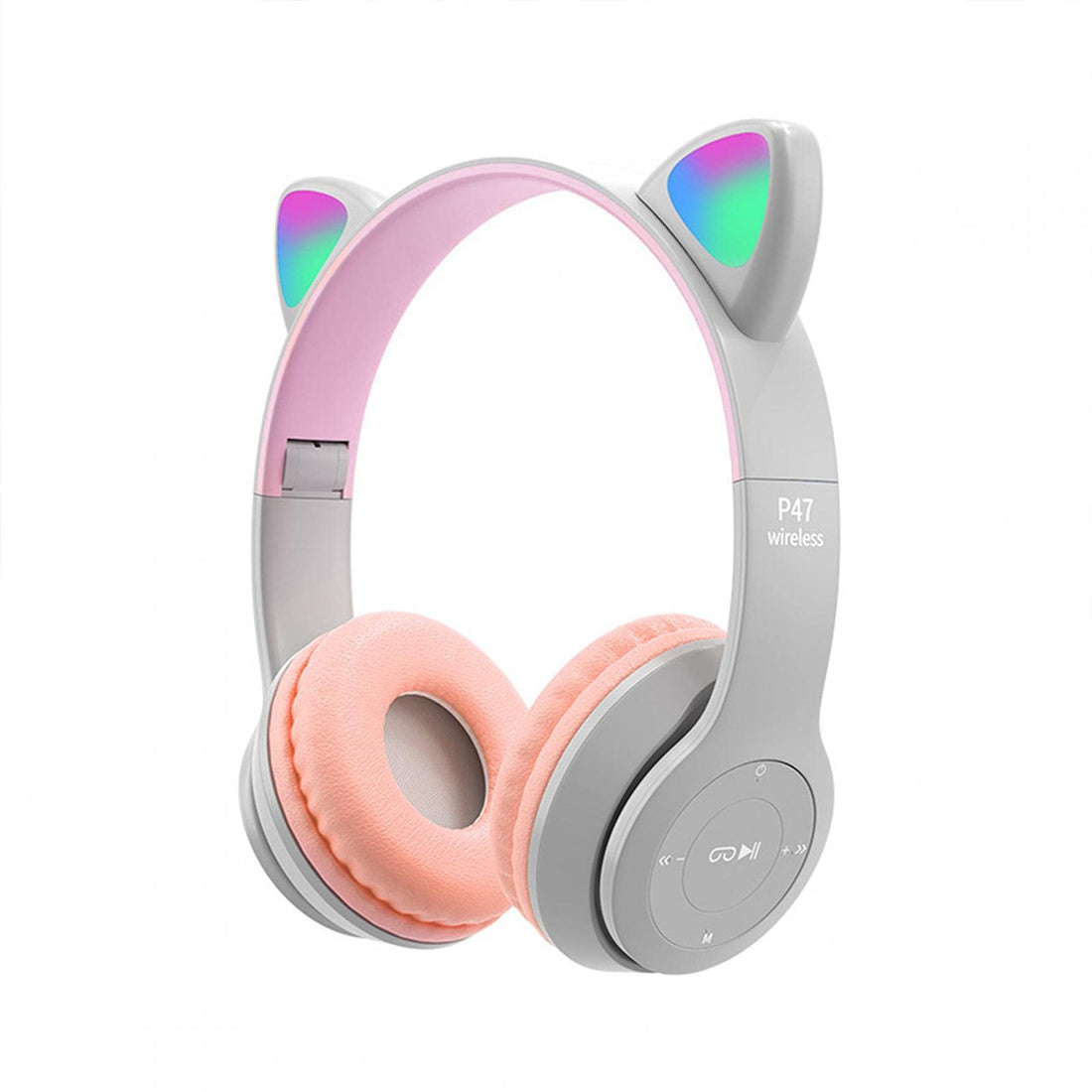TGUS Wireless Gaming Headset, LED Light Up Cat Ear Shaped Headphones, Cartoon Luminous Head-mounted Stereo Bluetooth Headset, for Kids Adult(Grey Pink), Wired