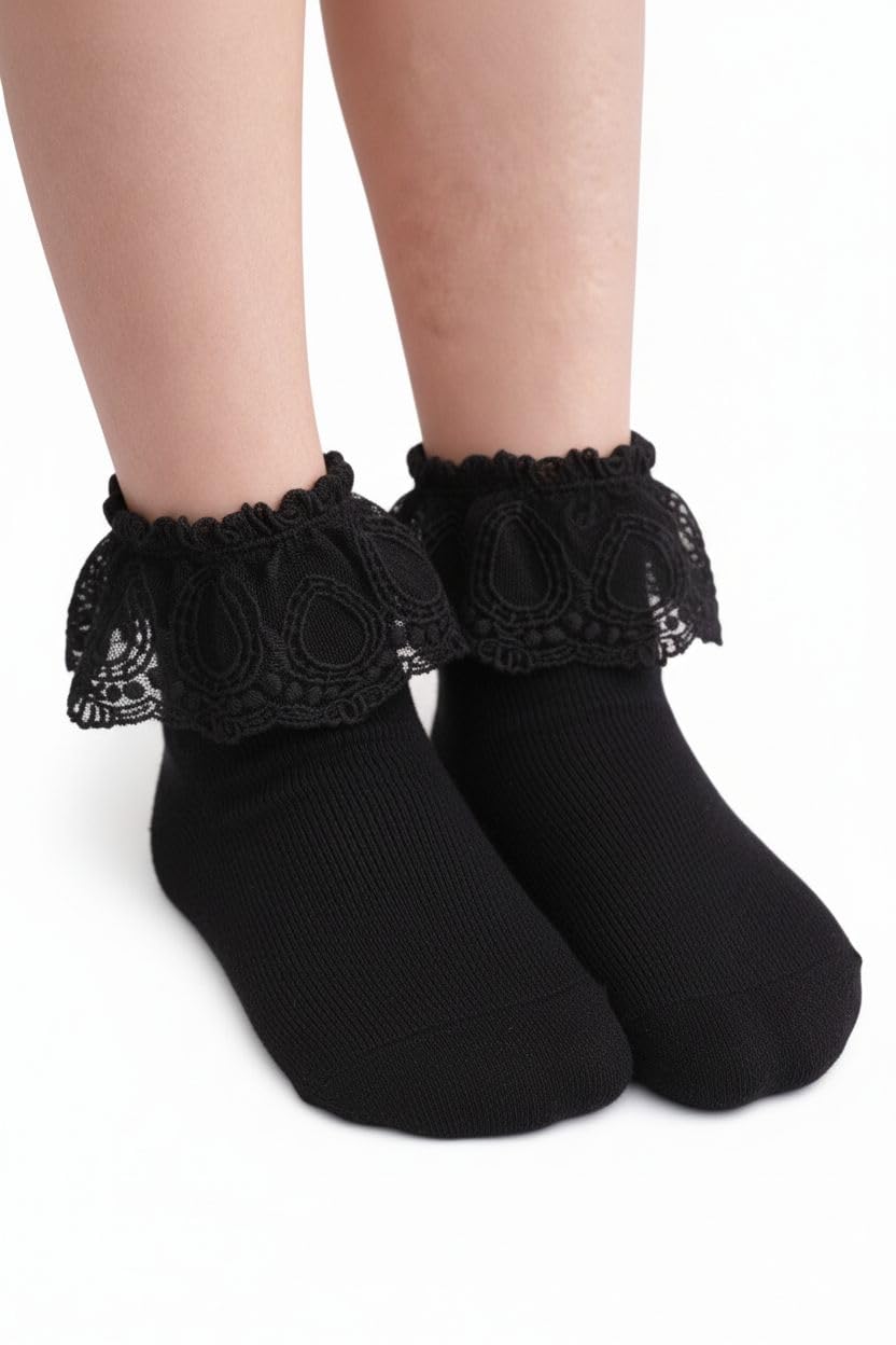 Girls Lace Ankle Socks – Soft Cotton Ruffle Dress Socks for Kids, Cute Princess Socks for Party, School & Daily Wear