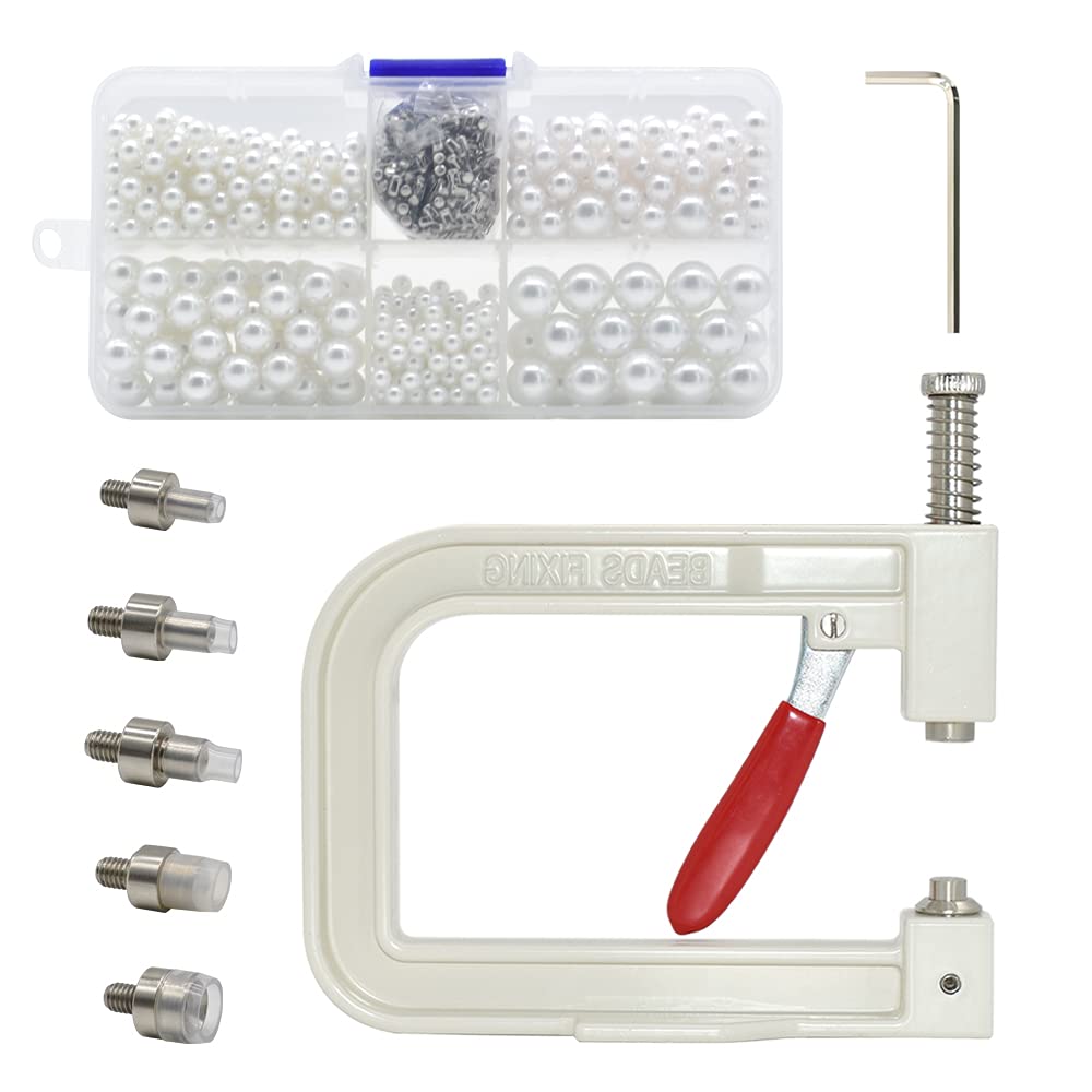 HDST-HOME Pearl Handmade Setting Machine, Beads Rivet Fixing Machine with 5 Sizes of Round Pearl Beads Rivet Studs for Hats/Shoes/Clothes/Bags/Skirts