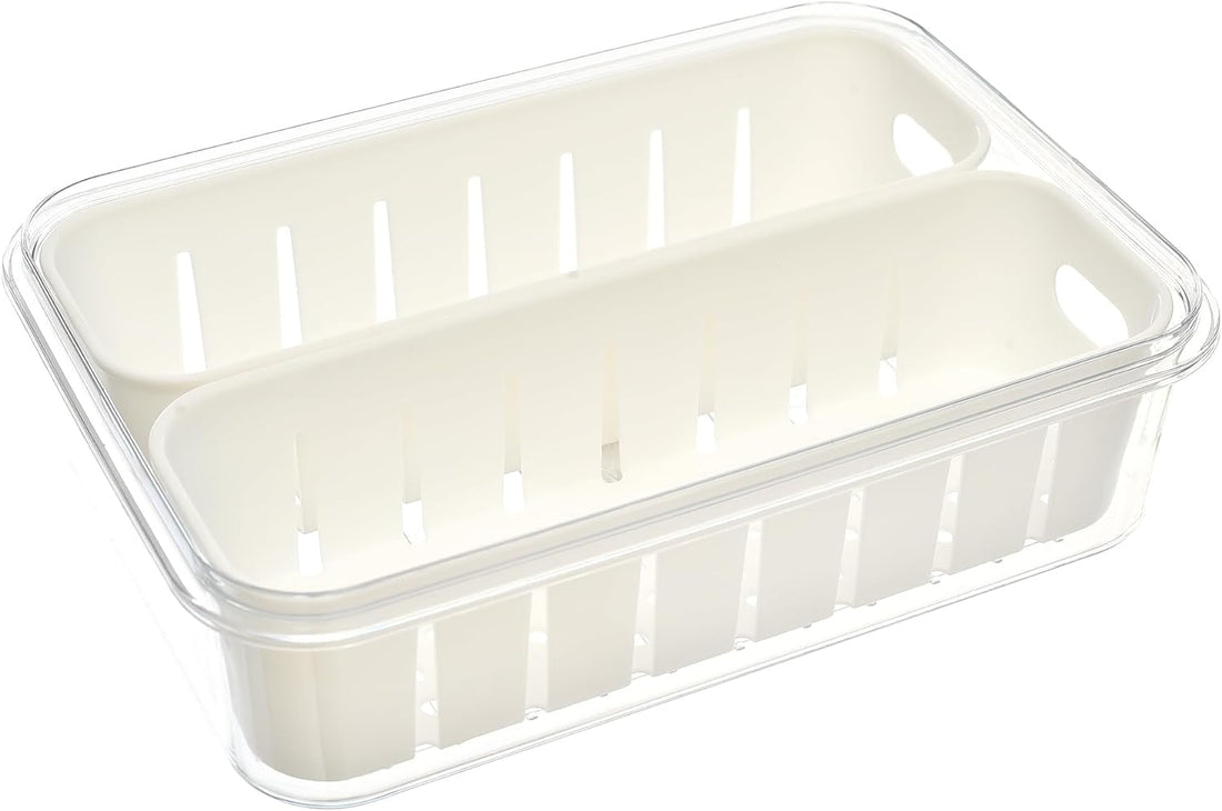 Plan A Clear Acrylic Fridge Containers Airtight Containers, Detachable Divided Containers with Drainage Holes, Stackable Vegetable and Fruit Storage Containers for Travel (Medium + 2 Compartments)