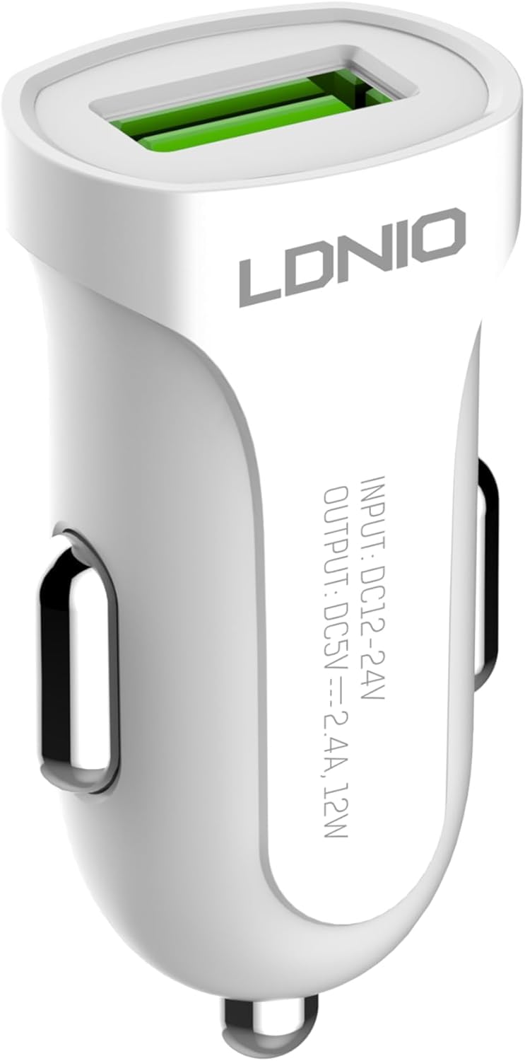 LDNIO DL-C17 Fast Car Charger 12W With USB Port , Auto-ID USB , Smart Charger , Safety Quick and TYPE-C Cable - White