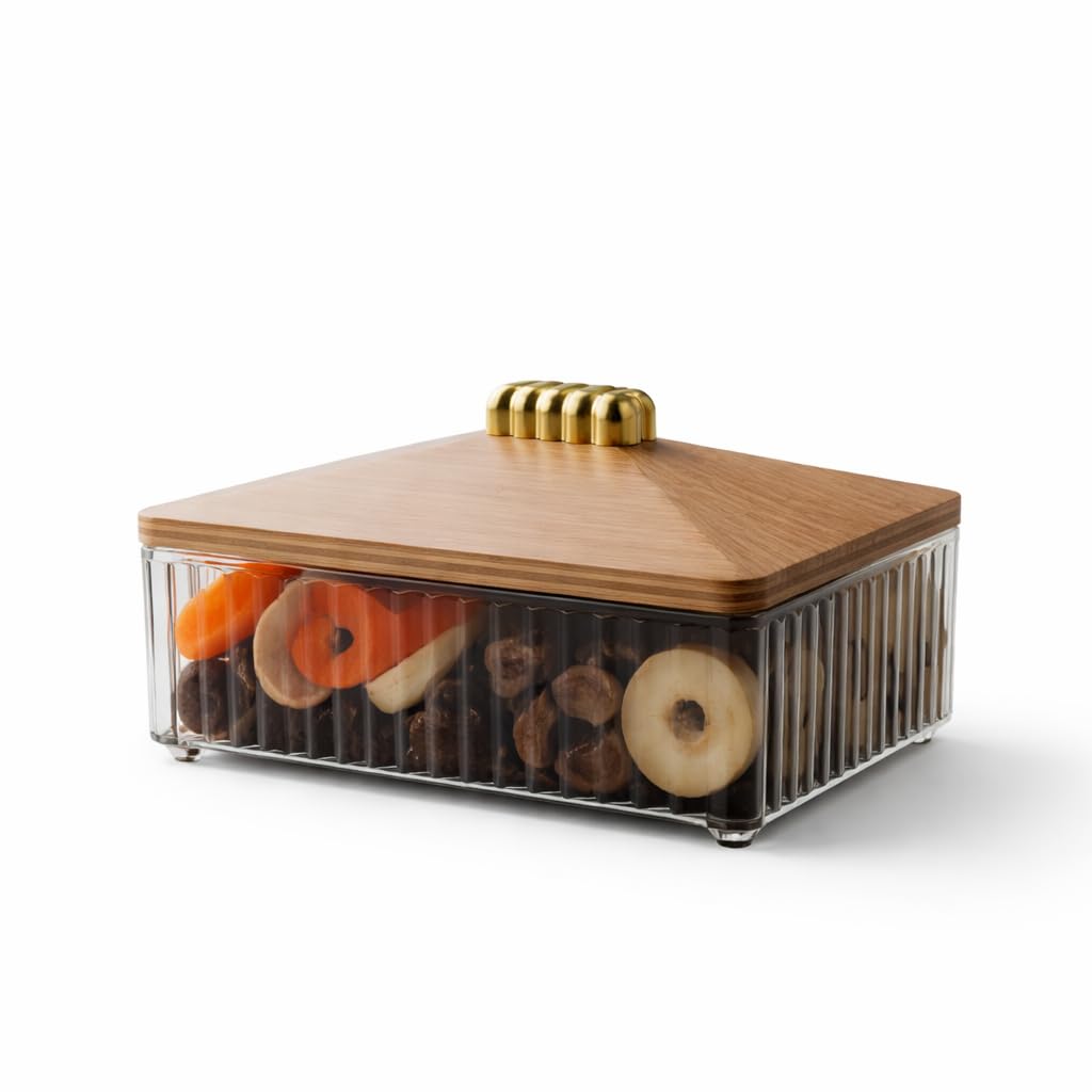 Crystal Clear Box with Wooden Lid and Gold Handle – Luxury for Dates, Nuts, Sweets, Kahk, Biscuits