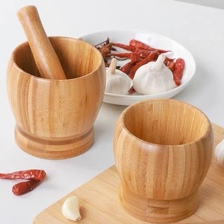 Bamboo Mortar and Pestle Set, Natural Wood, Kitchen Spice Grinder, Traditional Design