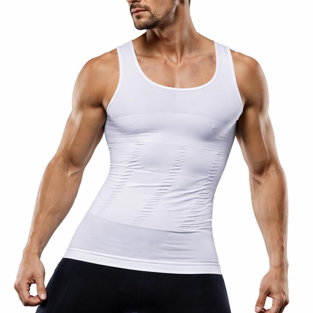 Men's Slim N Lift Slimming Shirt Men's compression top suitable for home, gym, and everyday outings, Size L, White