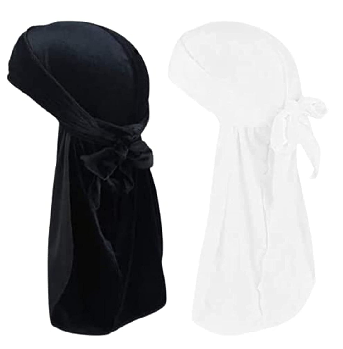 Velvet Durags for Men, 2 Pack Designer Long Tail Beanies Doo Rags Caps, Soft Wide Straps Do Rags Cap for Waves (Black and white)
