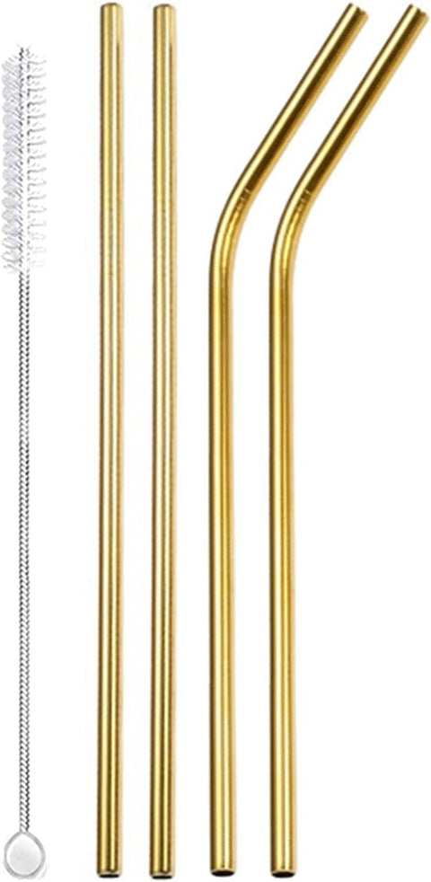 Set of 4 Metal Straws Food Grade Stainless Steel Cool Gold Straws with Cleaning Brushes for Cocktails, Drinks, Homemade Juices