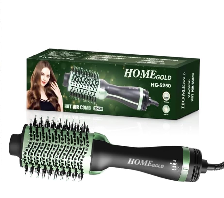 Hair Dryer Brush, Hot Air Comb 2000W, Integrated Blowing and Combing for All Hair Types, Multi-Functional and Versatile Styling Comb, 3 Levels Easy Control, Ceramic Coating, HG-5250 (Green)