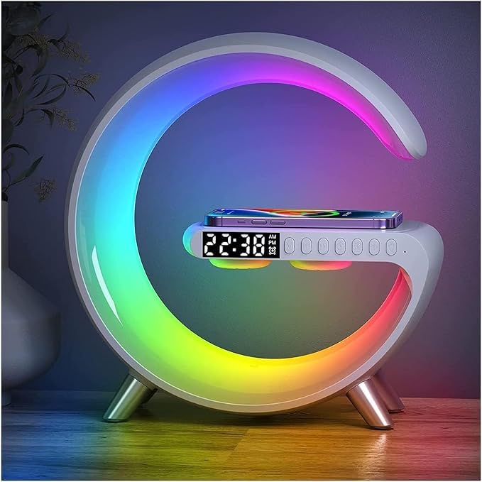 Next Store Wireless Speaker Lamp with RGB Color Changing Space Lamp, Alarm Clock and 10W Wireless Charger, G Design for Bedroom (Small)