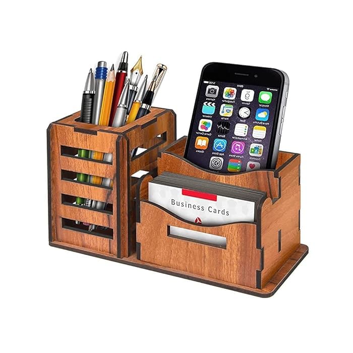 Pen Holder for Table Wooden Pen Stand With Clock, Mobile and Visiting Card Holder for Office Desk and Study Table | Multipurpose Desk Organizer Aesthetic Accessories