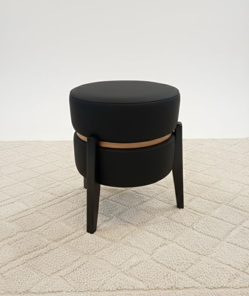 2 * 1 Convertible Pouf for Table, Black Leather, with Wooden Frame and Leather Strap, Living Room Furniture