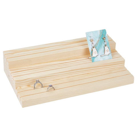 JAZZEEL 3-Tier Wood Earring Display Stand, 16.8x30x6.1 cm Slotted Card Holder, Professional Retail Jewelry Showcase Rack for Showing Earrings Rings & Photos, Light Yellow Finish