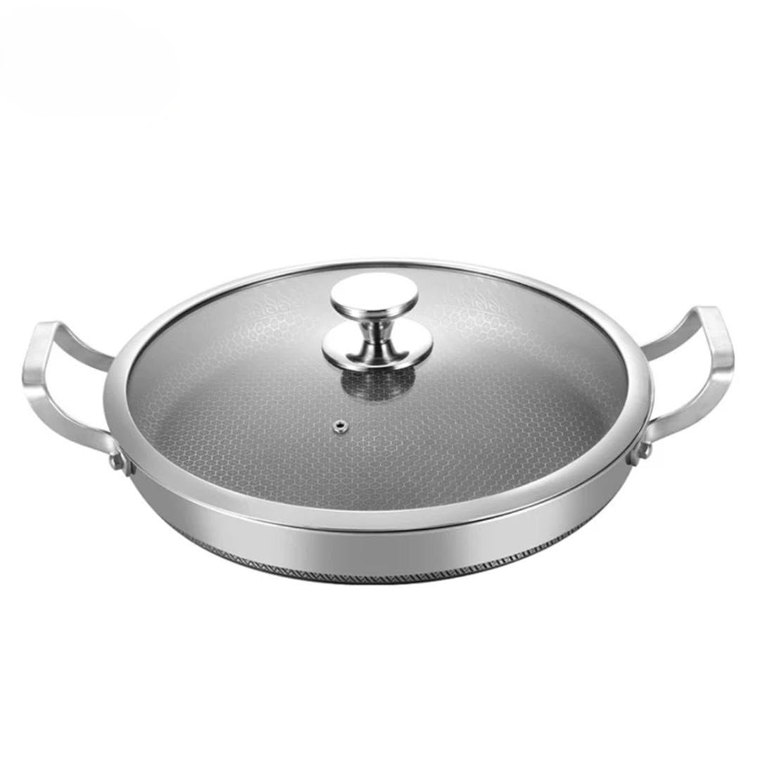 Next Store Non-Stick Stainless Steel "Beehive" Frying Pan, Wide Cooking Tray with 2 Handles and Glass Lid, Modern Scratch Resistant Frying Pan and Serving