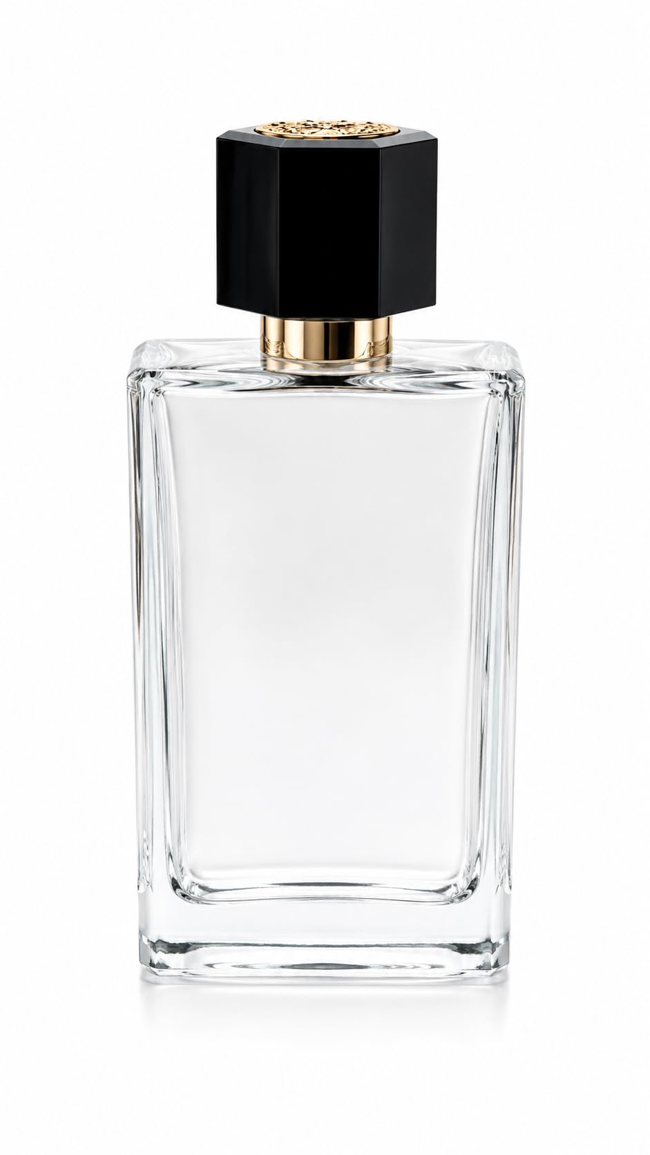 Luxury Empty Perfume Bottle with press fit Cap, Clear Glass, Black Octagonal Cap with Gold Accent, Elegant Fragrance Flacon, 100ml