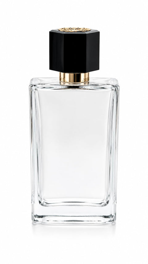 Luxury Empty Perfume Bottle with press fit Cap, Clear Glass, Black Octagonal Cap with Gold Accent, Elegant Fragrance Flacon, 100ml