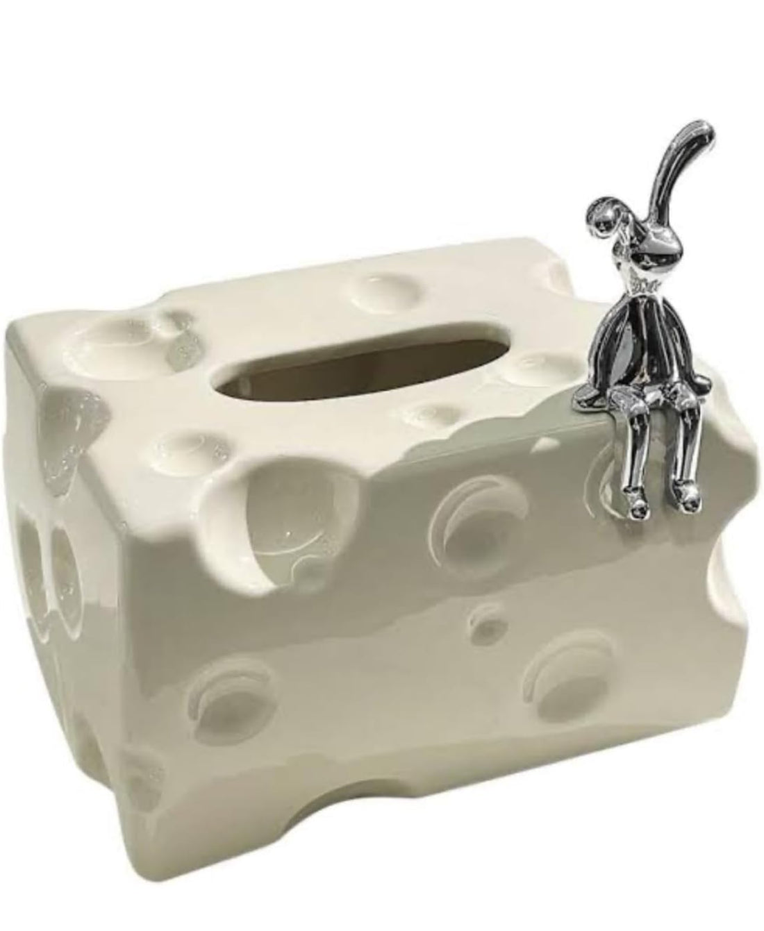 Downtown Creative Cheese Shaped Ceramic Tissue Box with Sitting Rabbit, Beige Decorative Desktop Napkin Holder for Living Room and Office, Aesthetic Food Design Home Decor Accessory
