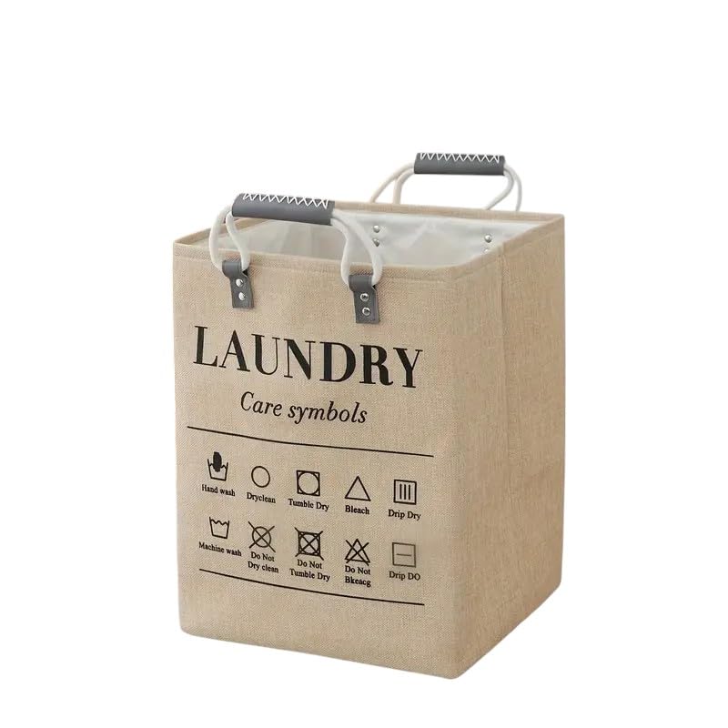Small Laundry Basket, 50L Foldable Laundry Hamper Organizer with Handles, Fashion Portable Laundry Basket in Bedroom, Laundry Room, Closet, Bathroom, College Dorm (Beige)