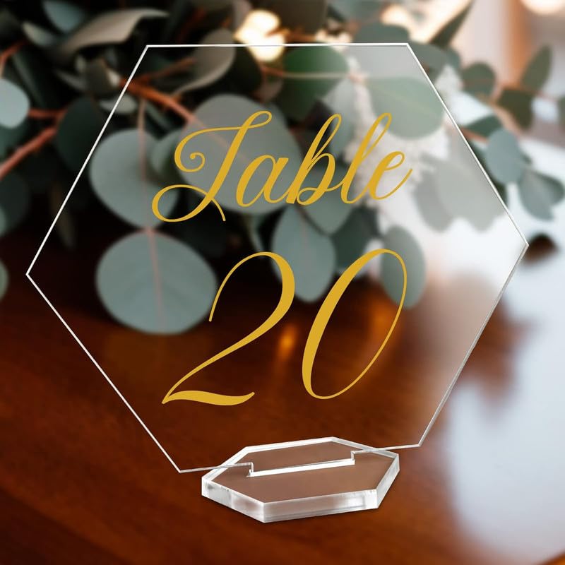 BEST MEDIA Acrylic Wedding Table Numbers 1-20, Hexagon Clear Sign, Gold Calligraphy Printed with Stand for Reception Party Events, Catering Decoration Centerpiece, 12Wx14H cm, 20 Pack
