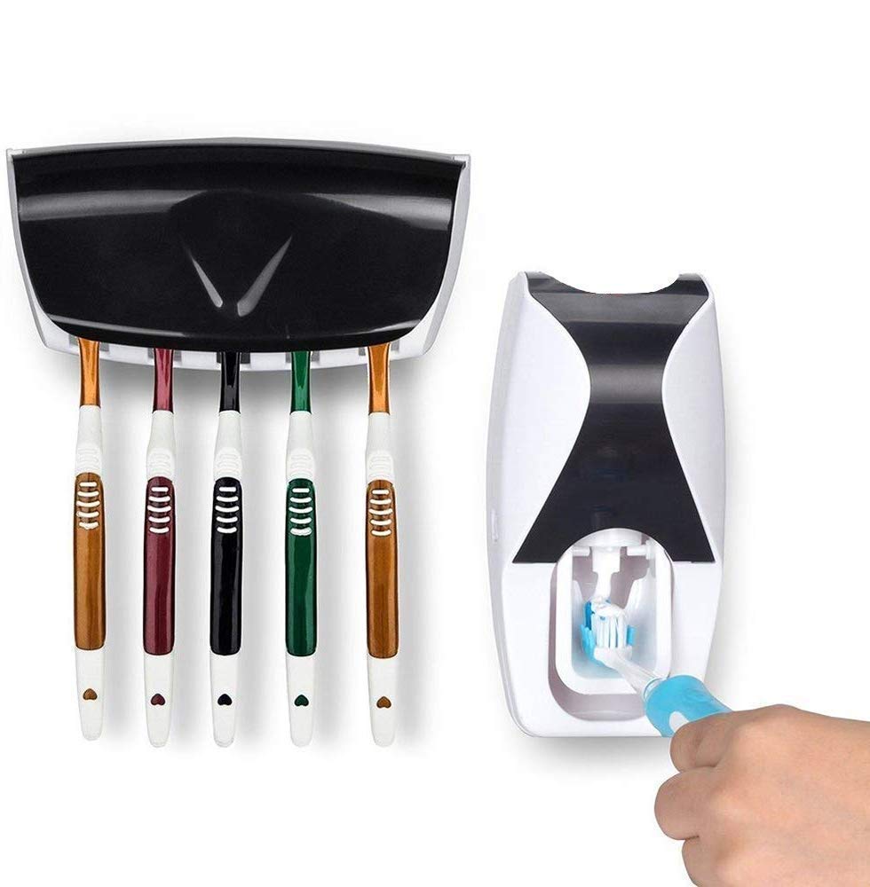 Scholazs Hands-Free Wall Mounted Plastic Dust-Proof Automatic Toothpaste Dispenser and 5 Hole Toothbrush Holder, Toothpaste Holder with Brush Holder,Toothpaste Dispenser with Toothbrush Holder
