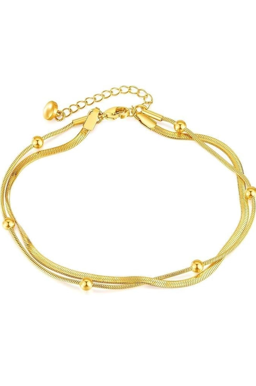 Hagat Banat Store Gold Plated Stainless Steel 316l Waterproof Trendy Luxury Dainty Layered Herringbone Box Beaded Dot Link Chain Gold Anklets for Women Summer Beach Jewelry
