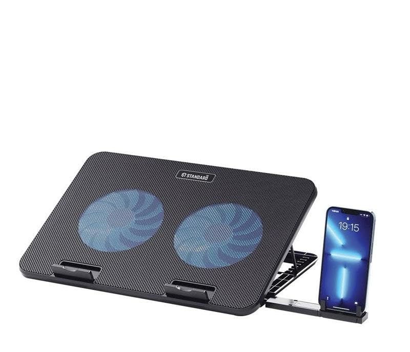 ICE02 Laptop Cooling Pad Stand with Mobile Stand - 2 Large Fan with Blue LED Light-2 USB Port Support Devices from 12 to 15.6 Inches|Black