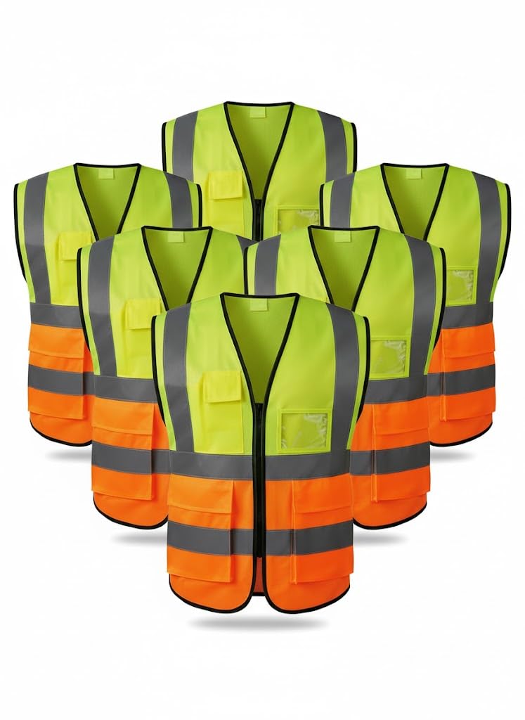 Safety-line High Visibility Reflective Safety Vest, Two-Tone Yellow-Orange, Pack of 6