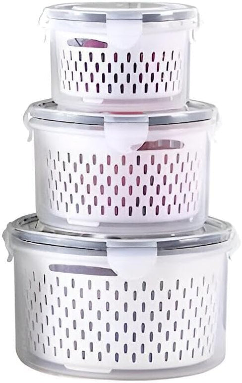 Fridge Organizer Containers | Set 3-Piece with Drain Basket BPA-Free | Plastic Food Storage Boxes for Fruits Vegetables Refrigerator Stackable Containers