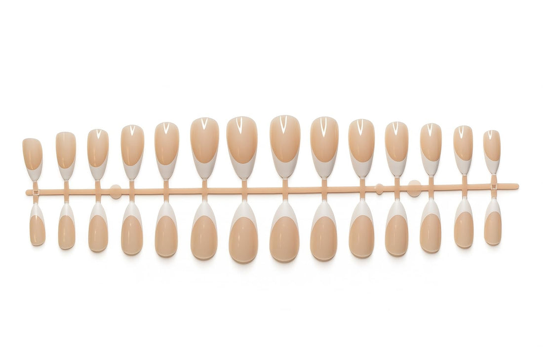 24-Piece French Press-On Nails Set – Nude Beige Base with White Tips – Medium Glossy False Nails – Natural Look, Easy Application, Long-Lasting - 1 Sheet - 24 Nail Pieces