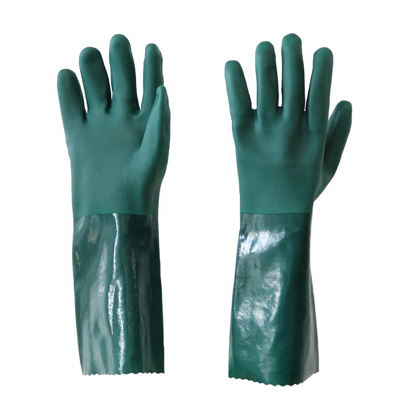 Safety-Line Green PVC Coated Chemical Resistant Work Gloves 35cm, Waterproof, Textured Grip, Full Finger, Reusable, One Size