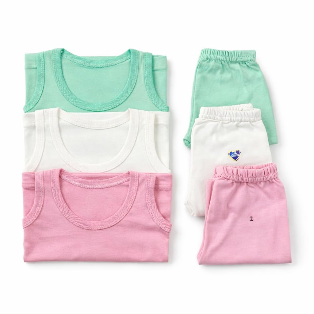 Kids Cotton Underwear Set, 6 Pieces with 3 Sleeveless Tank Tops and 3 Pants, Soft Breathable Summer Innerwear for Boys and Girls, Yellow Blue Grey