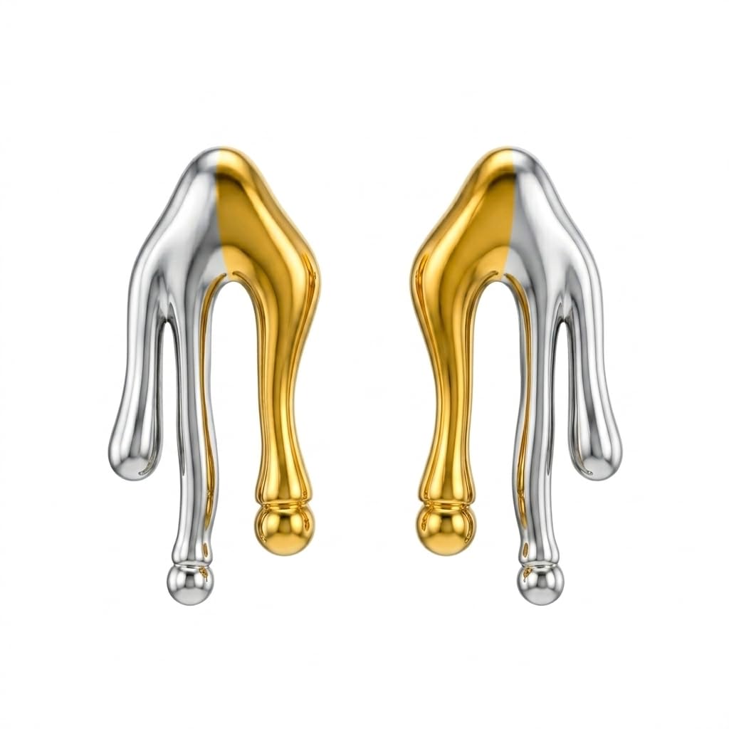 Abstract Liquid Gold & Silver Drop Earrings – Modern Two Tone Stainless Steel Statement Jewelry for Women