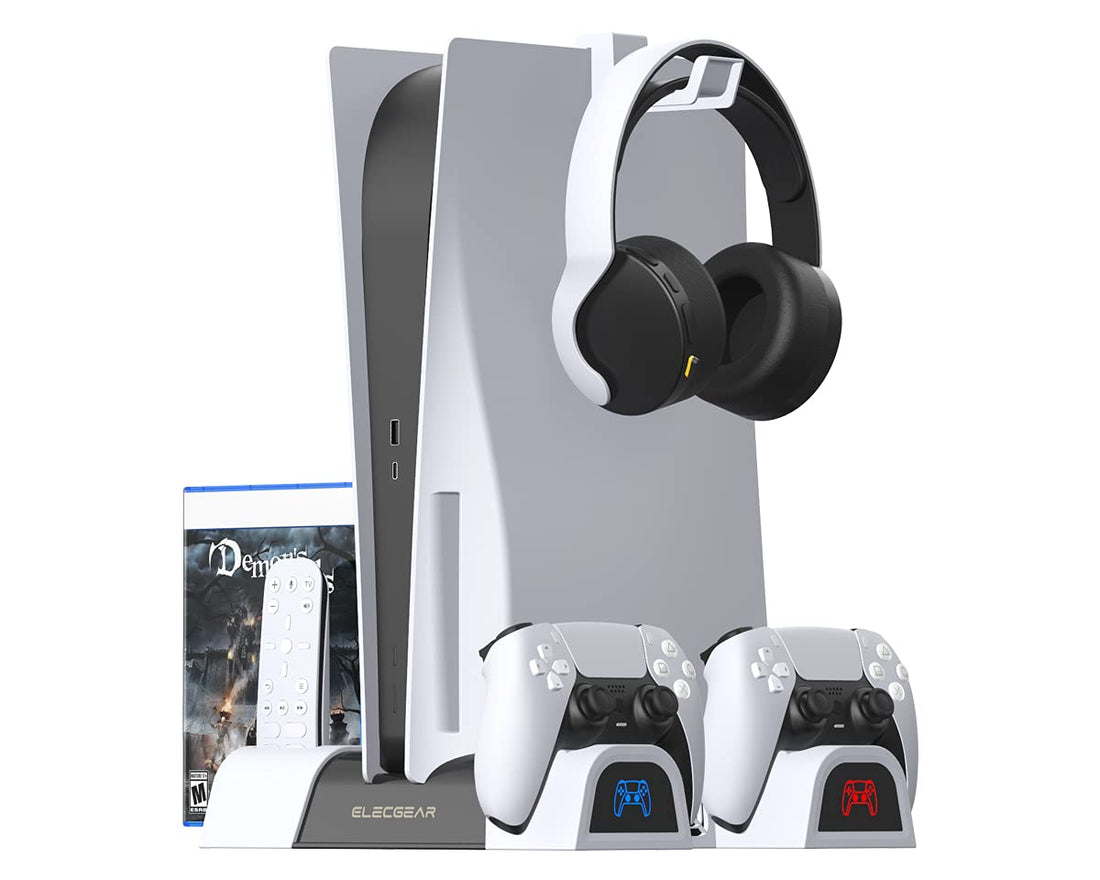 ElecGear PS5 Vertical Stand, Cooling Fan, Dual Charger Charging Station Controller, Games Storage Stand for DualSense Controller, Playstation 5 Media Remote and Headphone Holder