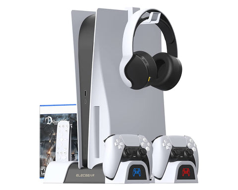 ElecGear PS5 Vertical Stand, Cooling Fan, Dual Charger Charging Station Controller, Games Storage Stand for DualSense Controller, Playstation 5 Media Remote and Headphone Holder