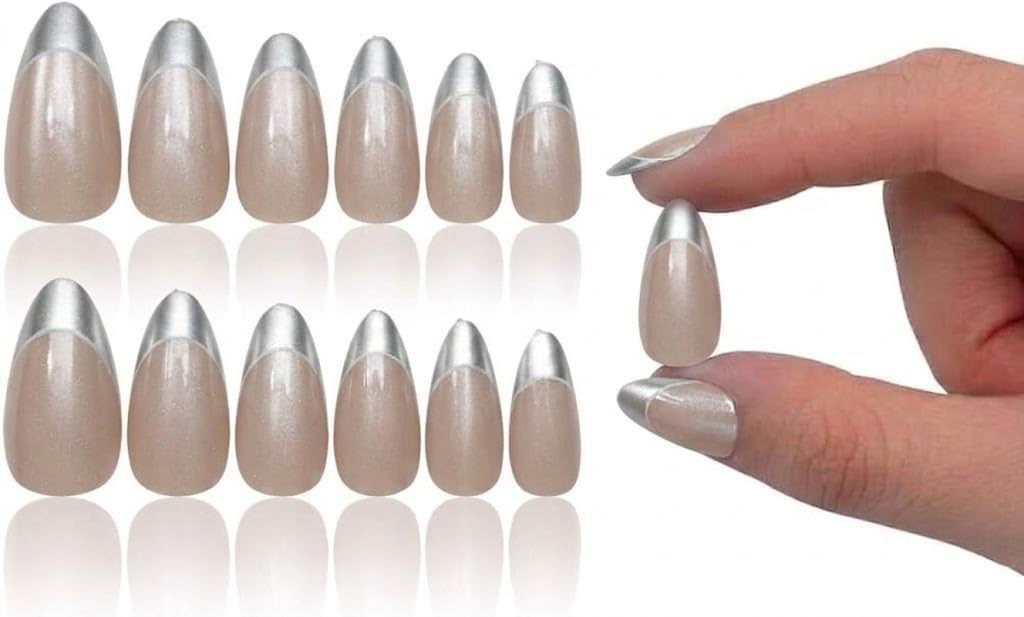 12pcs Gel Press On Nails Coffin OVAL Shiny False Nails Full Cover Artificial Fake Nail Art Tips- Comes With 1 SHEET DOUBLE FACE -SILVER FRENCH MIX COLOR (N5)