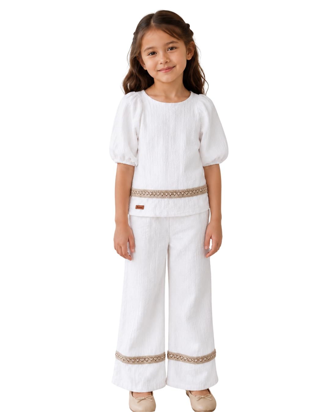 Wonder trim Set Girls' Puff Sleeve Top and Wide-Leg Trouser Set, Embroidered Trim, Red, White, Yellow, blue, dark green and fushia