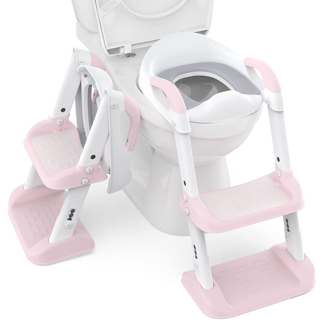 Potty Training Toddler Seat with Ladder, Double Step Potty Step Stool for Kids, Foldable Potty Toilet Seat with PU Cushion, 6-Leves Height and Wide Anti-Slip Pad for Baby Boys Girls, Pink
